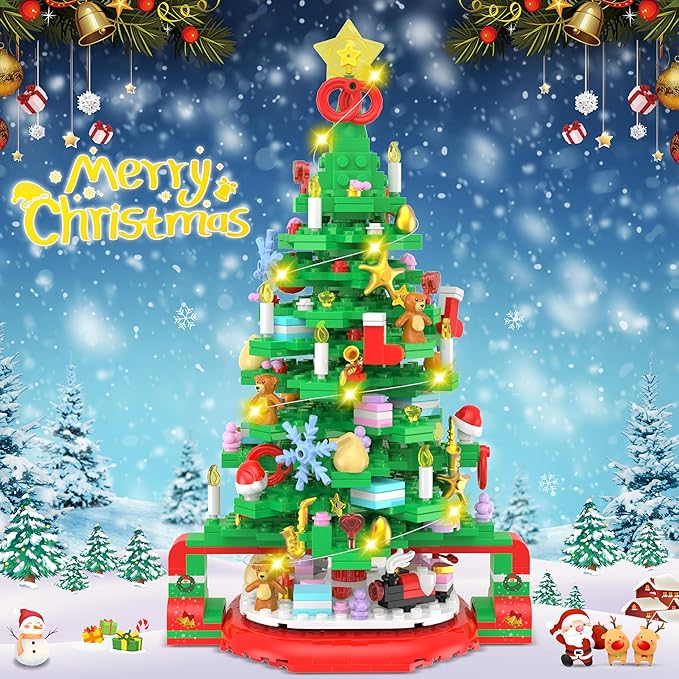 Flyart Christmas Tree Building Blocks, Toy Building Sets with LED Light, Christmas Tree Building Bricks with Christmas Train, Stocking, Snowflake, Xmas Gifts for Kids Adults Teens