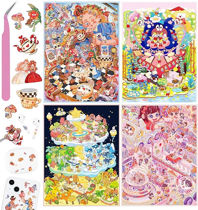 DIY 3D House Stickers, 4 Sets Fun DIY Stickers Scene Make Your Own Mini House Cute Cartoon Animal Scene Stickers for Kids Adult Sticker Art Relief Stress Pass The Time-Extral Large