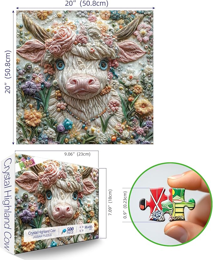 500 Piece Art Jigsaw Puzzle for Adults - Unique 3D Embroidery Flower Cow, Cool Puzzles for Adults, Challenging Adult Puzzle 20x20 Inch