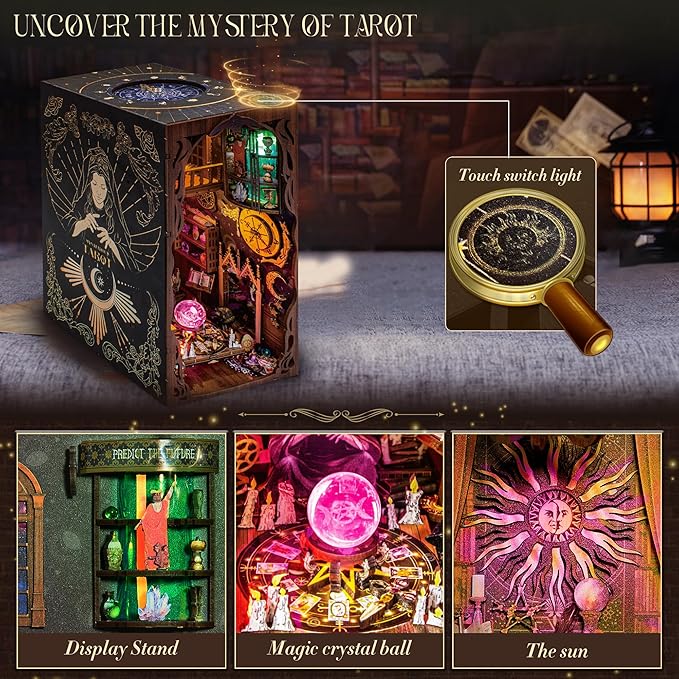 DIY Book Nook Kit, 3D Wooden Puzzle Booknook, Bookshelf Miniature House Kit Dollhouse, Tarot Divination Test, with LED Light, Dust Cover, Gift for Adults Teens (Mysterious Tarot)