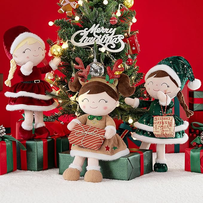 Gloveleya Christmas Reindeer Girl Plush Doll – 16" Soft Stuffed Animal Holiday Toy with Antlers, Gift Box & Card, Xmas Present for Toddler Girls, Baby Shower & Birthday Gift