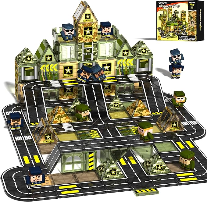 GobiDex 100PCS Army Magnetic Tiles Road Set, Military Magnetic Building Blocks with Toy Soldiers, STEM Construction Toys for Kids Ages 3-5 4-8, Christmas Birthday Gifts for 3+ Year Old Boys Girls