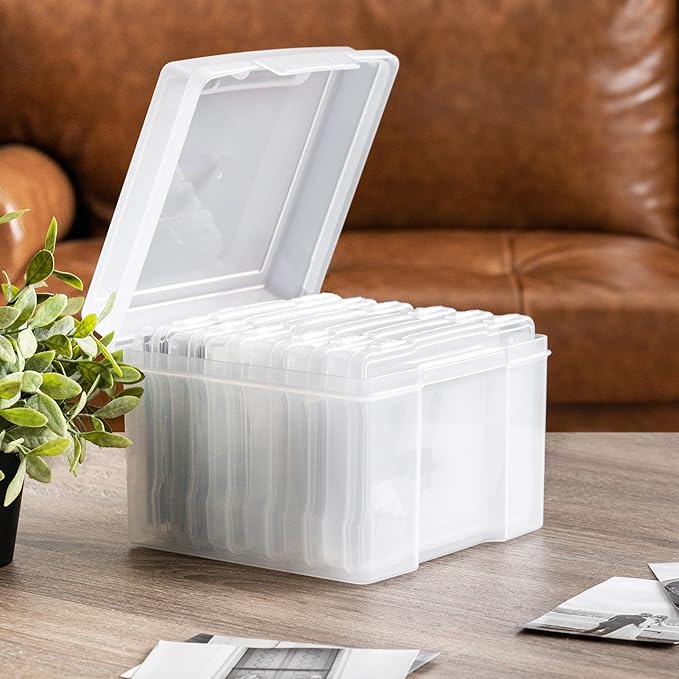 IRIS USA 5" x 7" Photo Storage Box Craft Keeper, Transparent Protection Container with 6 Organization Holder Cases for Pictures, Tasks, Scrapbooking, Stationery Storage, Clear