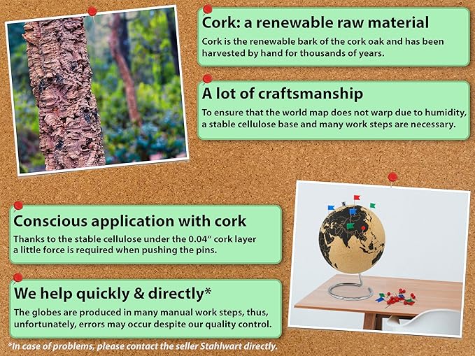 Beautiful Cork Globe with 102 Different Push Pins - Spinning Travel Globe 26cm / 10 inch High with Push Pin Made of Cork – as Travel Map & Gift Idea for Globetrotters