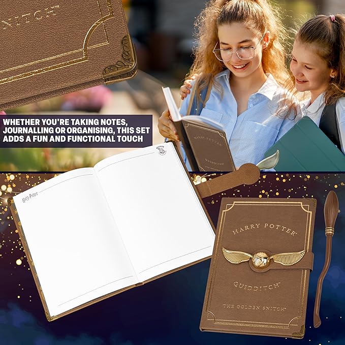 Harry Potter A5 Notebook Set with Broomstick Pen for Kids, Teens, Faux Leather Cover, Golden Snitch Detail, Stationery Supplies, Gifts for Kids (Brown Wand Pen)