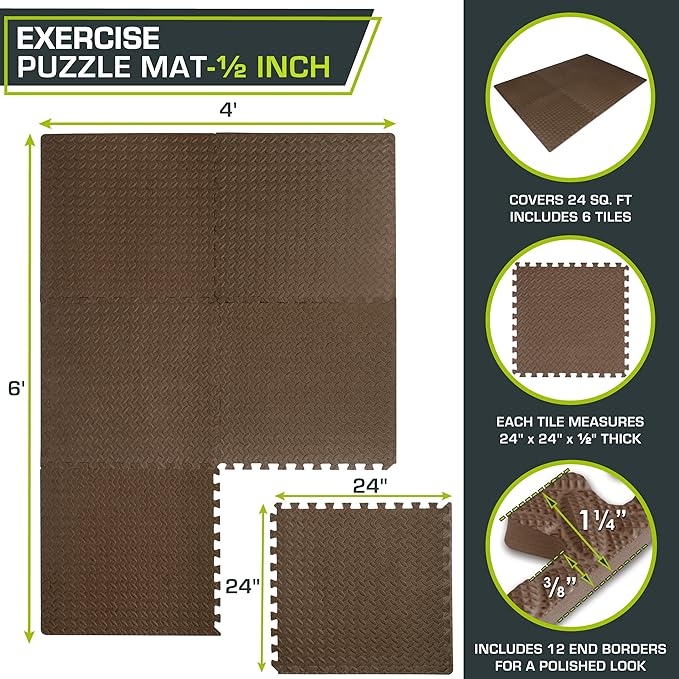 ProsourceFit Puzzle Exercise Mat ½ in, EVA Interlocking Foam Floor Tiles for Home Gym, Mat for Home Workout Equipment, Floor Padding for Kids, Grey, 24 in x 24 in x ½ in, 144 Sq Ft - 36 Tiles