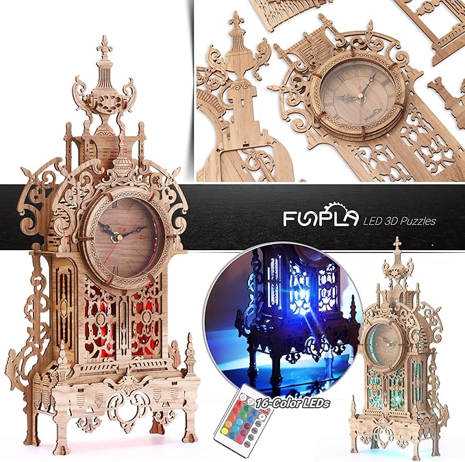 3D Wood Puzzle LED Tower Clock, 3D Puzzle Building Desktop Clock Model DIY Architectural Building Blocks (LED-TC01 Wood)