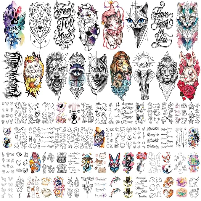 Temporary Tattoos for Kids and Adults, 77 Sheets Waterproof Cat Dog Animal Designs, Colorful and Long Lasting