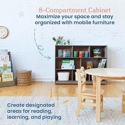 ECR4Kids 8-Compartment Mobile Storage Cabinet, 36in, Classroom Furniture, Natural