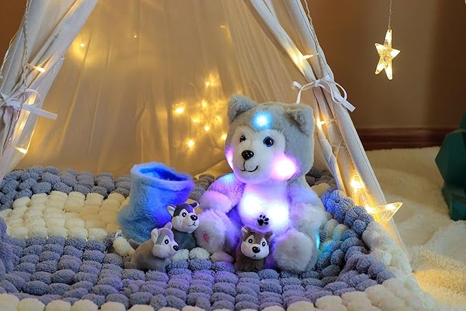Hopearl LED Plush Husky with Removable Bucket Lighting Up Stuffed Mommy Dog with 3 Baby Puppies in Basket Floppy Stuffed Animal Playset Night Lights Glow in The Dark Birthday Gifts for Kids, 10''