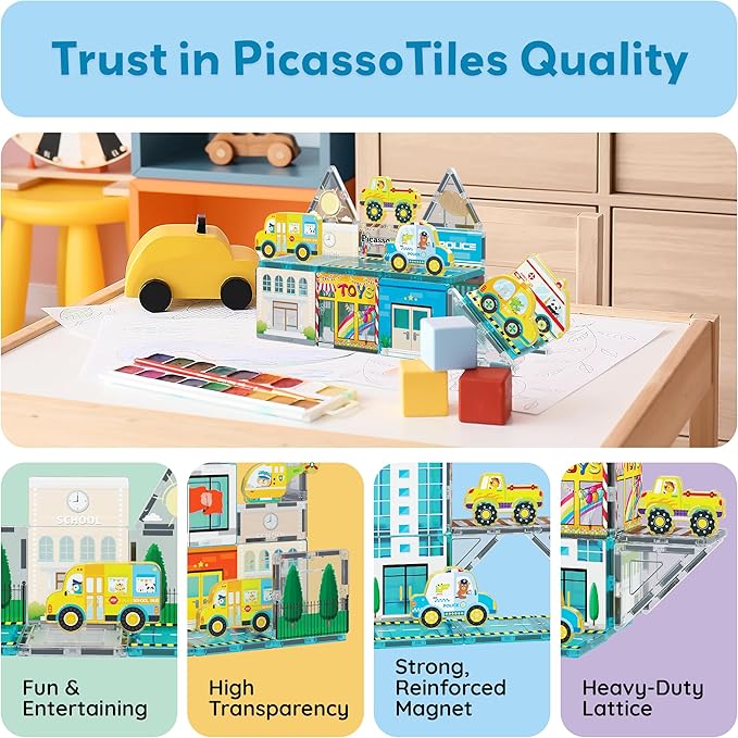 PicassoTiles Magnet Tile Building Blocks Metro City Themed Playset with 8 Character Action Figures Magnetic Tiles STEM Learning Early Education Toy Construction Set Toddlers Boys Girls Ages 3+ PTQ24
