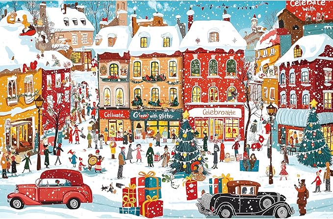Vintage Christmas Town Jigsaw Puzzles for Adults 500 Pieces Winter Holiday Scene with Classic Cars, Festive Shoppers, Decorated Tree & Snowy Streets - Family Challenge Puzzle （23"x15"