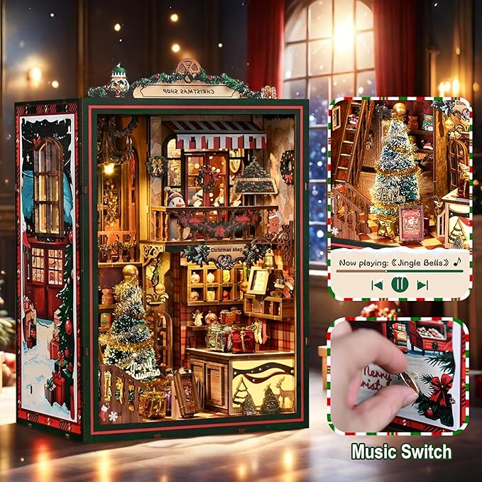 ISSEVE Book Nook Kit - DIY Miniature House Kit for Adults Teens Beginners, Christmas Dollhouse Booknook with Music Mechanism Tiny House Bookshelf Decoration 3D Wooden Puzzles (Christmas Shop)