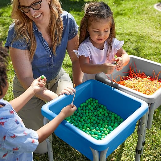 ECR4Kids 2-Station Sand and Water Adjustable Play Table, Sensory Bins, Grey/French Blue