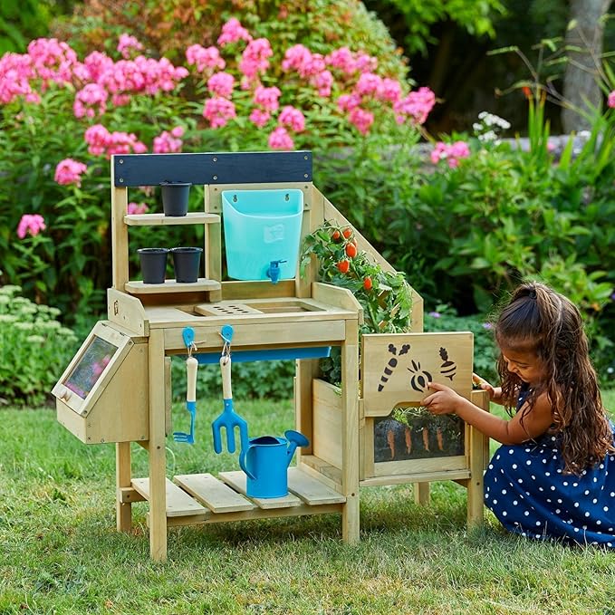 TP Toys, Deluxe Kids Potting Bench | Backyard Playset with Outdoor Activity Table and Built-in Play Accessories | FSC® Certified Wood | Pretend Play or Working Kids Garden Center.