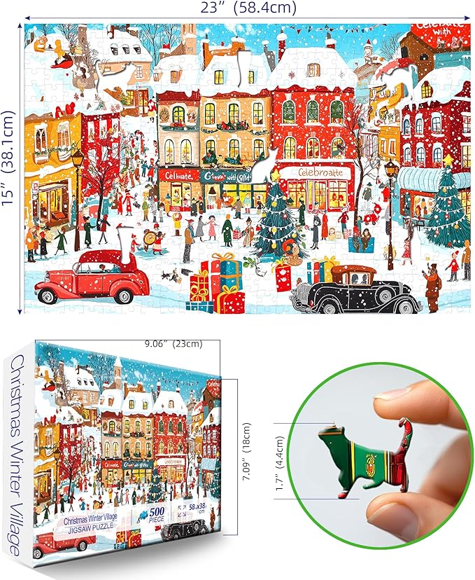 Vintage Christmas Town Jigsaw Puzzles for Adults 500 Pieces Winter Holiday Scene with Classic Cars, Festive Shoppers, Decorated Tree & Snowy Streets - Family Challenge Puzzle （23"x15"