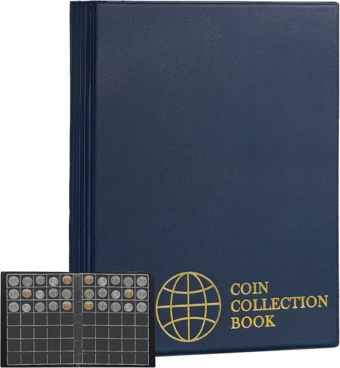 350 Pockets Coin Albums - 1.2x1.4 inch Grid Blue Coin Book 10 Pages Coin Collection Holder Letter Size Coin Storage Book 3.0x3.5 cm Pocket CS0235BL