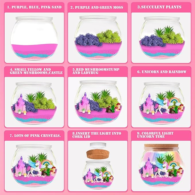 Unicorn Terrarium Kit for Girls - LED Light-Up DIY Arts and Crafts Night Light Gift for Kids Ages 4-12Night Light Birthday Gift DIY Arts and Crafts Kit for Kids