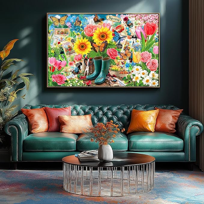 Spring Garden Butterfly 500 Piece Jigsaw Puzzle for Adults Vintage Colorful Flower Art Tulips Sunflowers Puzzle with Letters on Back Fun Family Challenging Games Gift for Seniors (23"x15")
