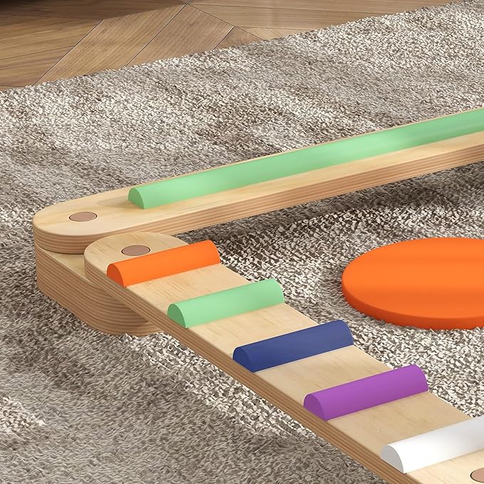 Qaba Kids Balance Beam, Wooden Balance Board with Stepping Stones, Gymnastics Obstacle Course for Toddlers 3-8 Years for Motor Skills Coordination, Indoor Outdoor Use