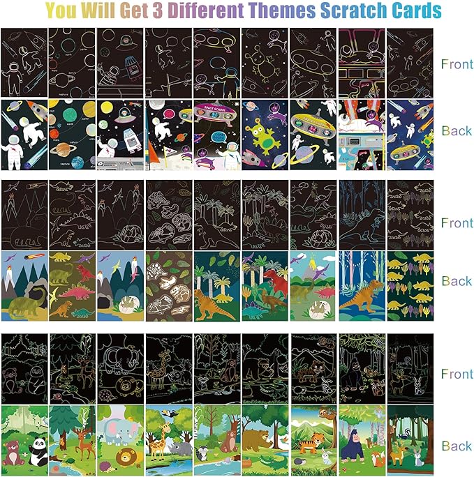 3 Set Magic Scratch Paper Art, Colorful Magic Drawing Art Book with 3 Scratch Pen for Birthday Halloween Christmas Party Games Projects Kits （Dinosaurs/Spaceman/Giraffe）