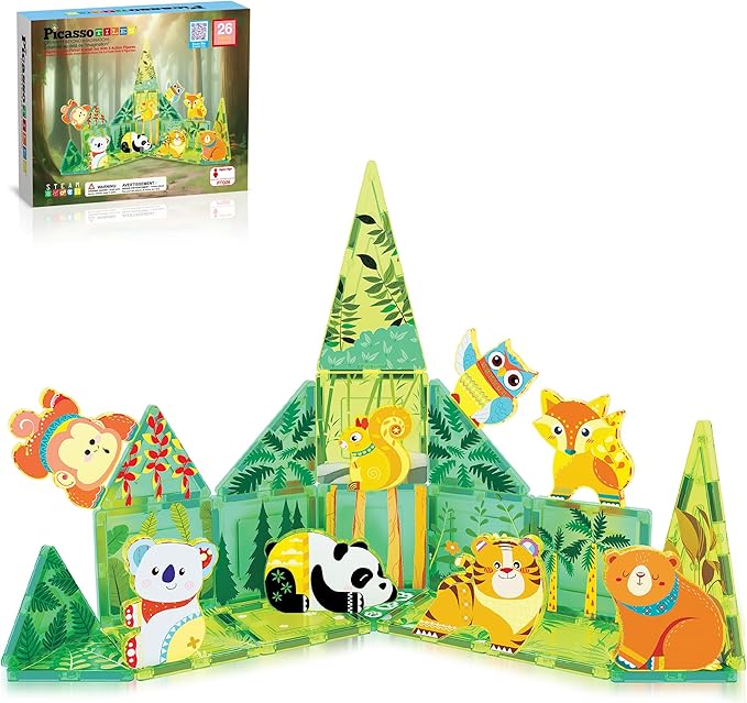 PicassoTiles Magnet Tile Building Blocks Forest Animal Themed Playset with 8 Character Action Figures Educational STEM Learning Construction Kit Pretend Play Magnetic Tiles Toddler Kids Ages 3+ PTQ26