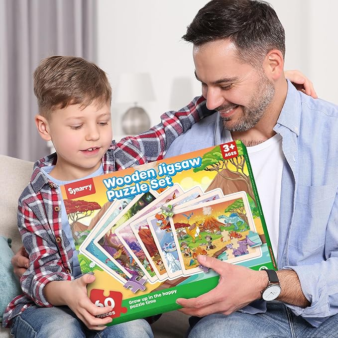 SYNARRY Wooden Dinosaur Puzzles for Kids Ages 4-6, 6 Packs 60 PCs Jigsaw Puzzles Educational Toys Gifts for Children Ages 4-8, Kids Puzzles for 4+ Year Olds Boys Girls