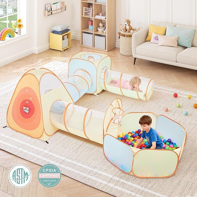 UTEX Kids Play Tent with Tunnel, 6 in 1 Pop Up Play Tent with Ball Pit, Play Crawl Tunnel for Toddler, Boys, Girls, Indoor& Outdoor Play House Target Game with 6 Dart Balls