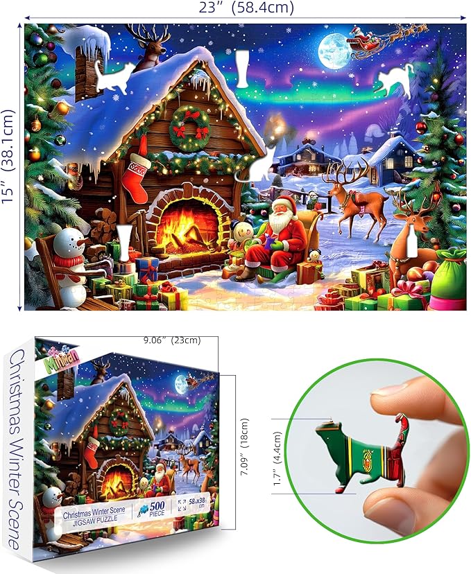 Christmas 500 Piece Jigsaw Puzzle for Adults - 23x15 Inch Santa Claus Reindeer Aurora Borealis Cabin with Unique Shaped Pieces, Home Decor