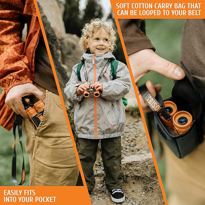 BeBison Binoculars for Kids - 8x21 High Resolution Real Optics - Compact Folding Shockproof Kids Binoculars for Bird Watching - Spy Games - Outdoor Play for Boys and Girl
