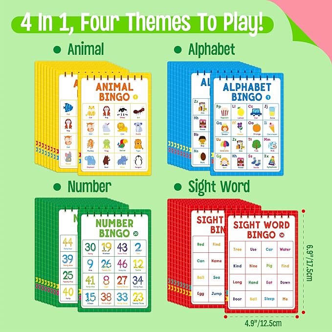 Family Bingo Game, Alphabet, Animal, Sight Word & Number Bingo Board Game, Counting and Matching Skills Classic Educational Game for Kindergarten and Preschool Kids, Perfect for Home and Classroom