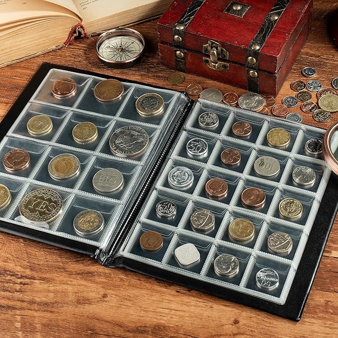 160 Pockets Coin Album - 10 Sheets Mixed Sizes Coin Holder 45x43/33x33 mm Collecting Grid for Pounds Pence Cents (Black) CS48160BK