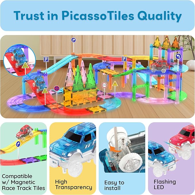 PicassoTiles 2pcs Magnetic Toy Car Set Highly Detailed Compatible with Magnet Race Track STEM Truck Replacement Accessories Educational Construction Building Kits for Toddlers Boys & Girls Ages 3+