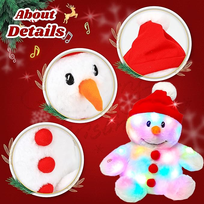Cuteoy Light-up Singing Plush Snowman LED Musical Stuffed Animal Adjustable Volume Lullaby Plushies Birthday Christmas Toy Gifts for Kids Toddler Girls, 13"