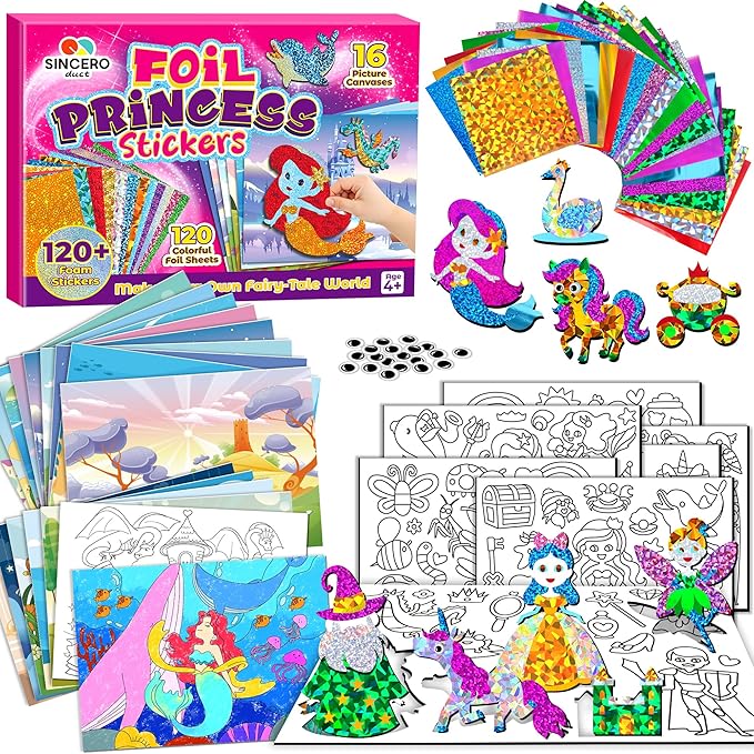 Sinceroduct Foil Art Kit for Kids, Princess Fun-Foil Art Craft Supplies for Kids Ages 4-8,Mess Free Coloring, Foils Foam Sticker,Children DIY Creative Activity Travel Toy,Birthday Gift for Boy & Girl.