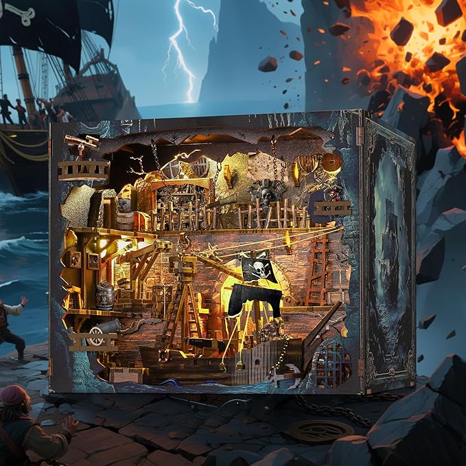 Book Nook Pirate Kit - DIY Miniature House Kit for Adults, Teens, Dollhouse Booknook Bookshelf Insert Decor with LED Light, 3D Wooden Puzzle Gifts for Family, Friends