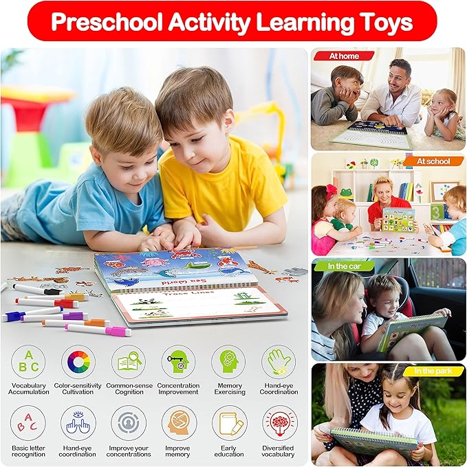 WJPC 53 Designs Busy Book for Toddlers 1,2,3,4,5,6 Years. Preschool Learning Busy Board Kids Boys&Girls Quiet Montessori Toddler Activity Book, Tracing Coloring
