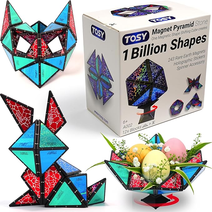 TOSY Magnet Pyramid Stone - 1 Cube Transforms into 1 Billion Shapes, 12 Pieces, 243 Rare Earth Magnets, Holographic Design Magnet Tiles Creative Puzzle STEM/STEAM Toy, 4-Pack
