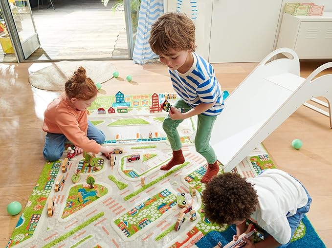 IVI Mini City Thick 3D Educational Play Mat Rug for Bedroom or Playroom, 86'L x 59'W, Non-Toxic Safe Play Area Learn with Cars and Toys