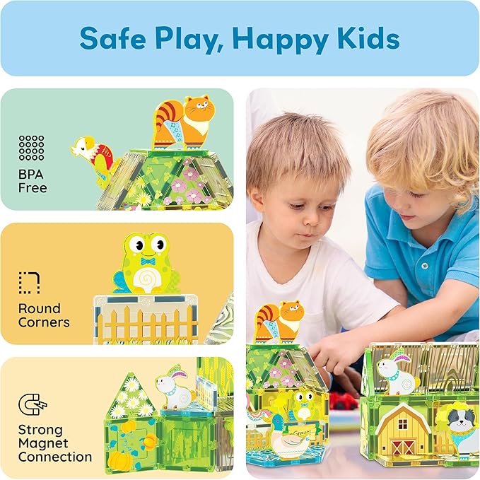 PicassoTiles 26pcs Magnetic Tiles Magnet Tile Building Blocks Printed Fall Farm Themed Animal Toy Set with 8 Farmyard Animals Character Action Figures STEM Learning Playset for Kids, Ages 3+ PTQ27