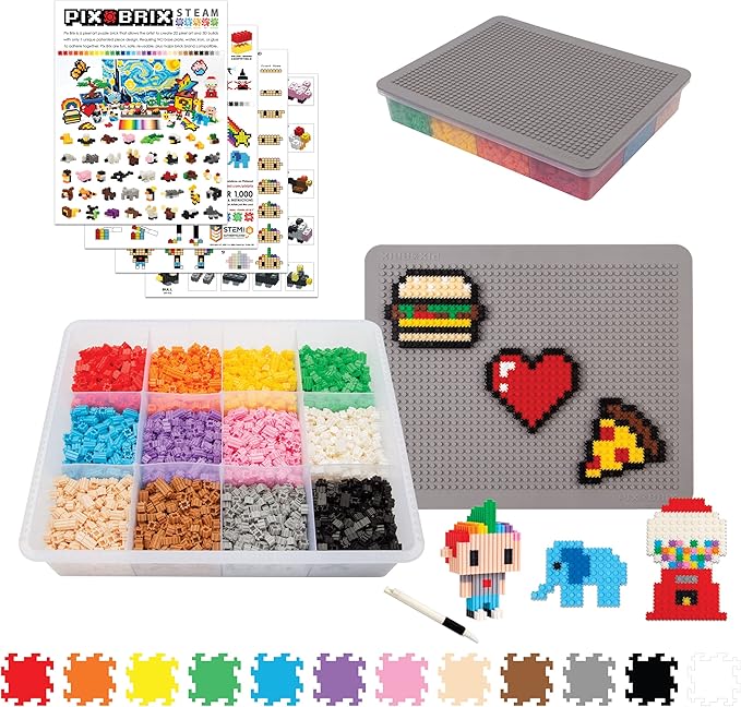 Pix Brix Pixel Art kit Puzzle Bricks - 3,000 Piece Pixel Art Container, 12 Color Medium Palette - Interlocking Building Bricks, Create 2D and 3D Builds Without Water or Glue - Stem Toys, Ages 6 Plus