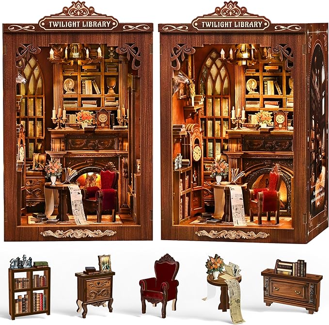 ISSEVE Book Nook Kit, DIY Miniature House Kit for Adults Teen Beginners, Dollhouse Mini Booknook Kits, Tiny House Bookshelf Decoration, 3D Wooden Puzzles Crafts Gifts (Twilight Library)
