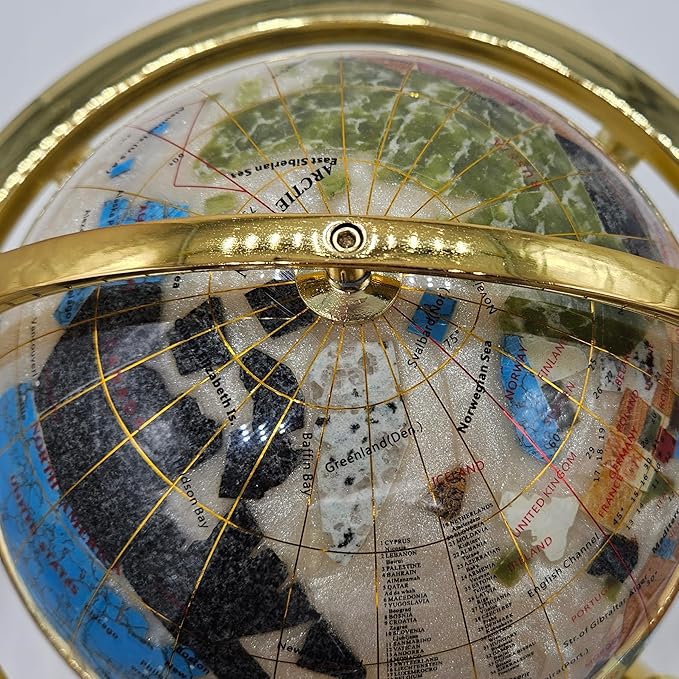 Unique Art 13" Tall 9" Diameter Pearl White Ocean Desktop 4-Leg Gold Stand Gemstone Globe