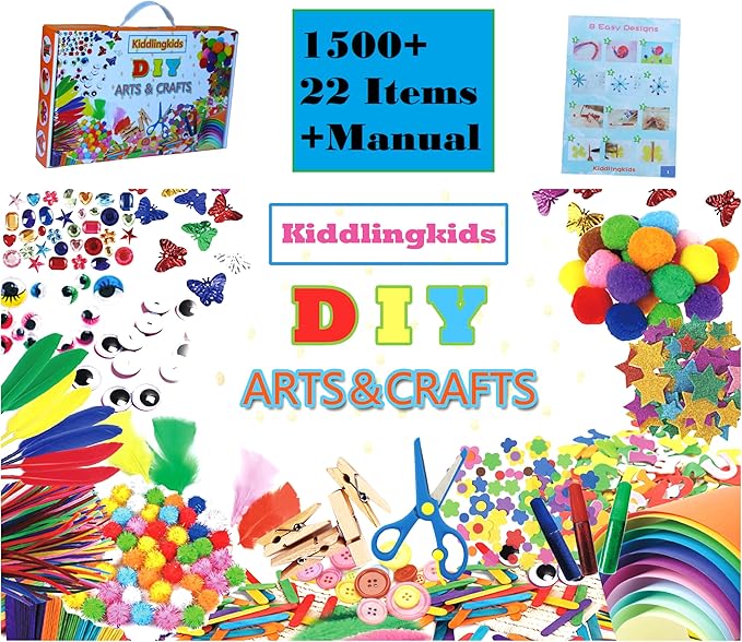 KiddlingKids Arts and Crafts Supplies Kits, DIY,Birthday Gifts, Home School, Toddler Kindergarten Activity Set, Pipecleaners, Pom Poms, Popsickle Sticks All in One for Boys and Girls Ages 4 5 6 7 8