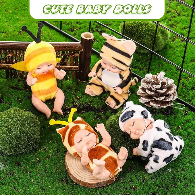 Hanaive 4 Pcs 4 Inch Mini Baby Dolls Lifelike Realistic Baby Dolls Animal Clothes Cute Tiny Gifts for Kids Birthday Party(Print Style)