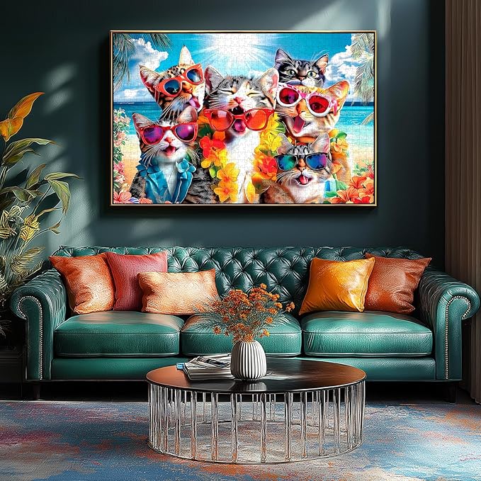 500 Piece Funny Cat Jigsaw Puzzle for Adults - 23x15 Inch Beach Party with Sunglasses & Leis, Unique Fun Puzzles for Home Decor & Gift