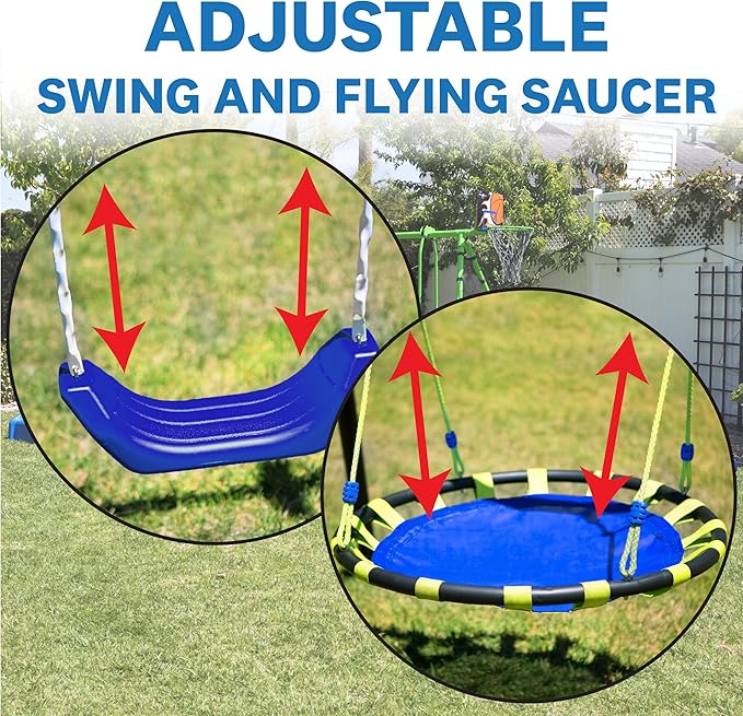 Sports Outdoor 8 Station Playground Set, Includes Swing Set, Slide, Monkey Bars, Basketball Hoop, Trampoline, Soccer and Basketball + Pump, Green