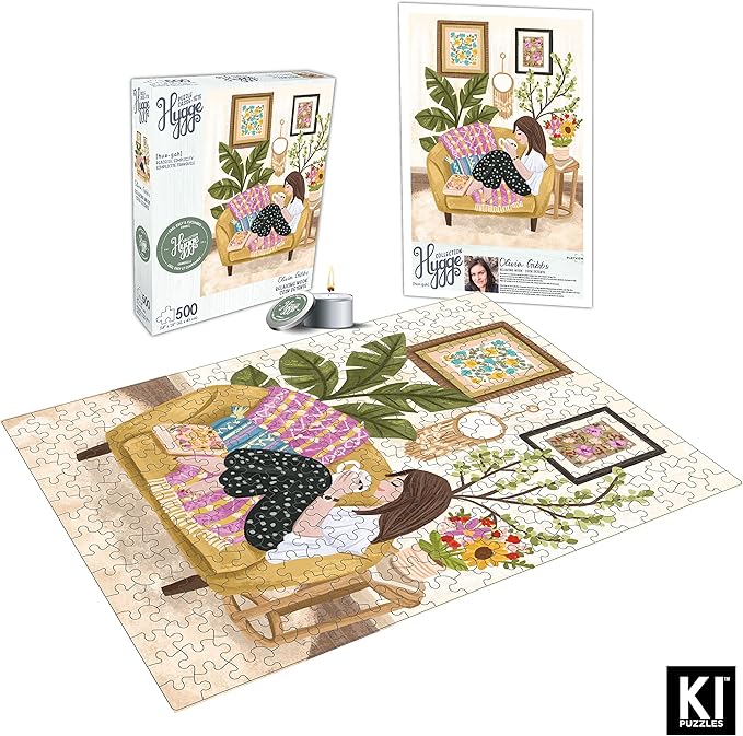 KI Puzzles 500 Piece Puzzle for Adults Hygge Collection Relaxing Nook by Olivia Gibbs Blueboard Jigsaw + Candle by Playview Brands