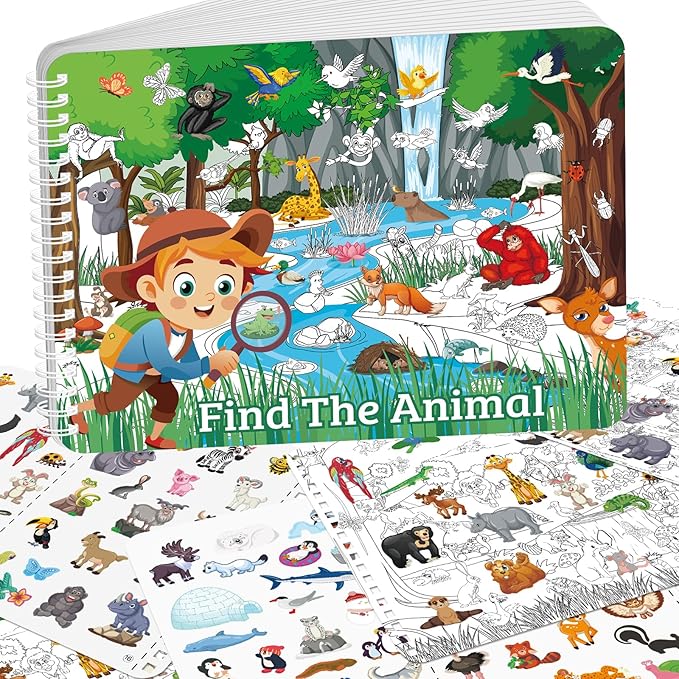 Find The Animal Sticker Book for Kids Ages 2-4, Include 20 Theme Stickers for Kids, Learning & Educational Toy, Find Over 400+ Hidden Object, Airplane Toys for Toddlers 3-5, Preschool Activities
