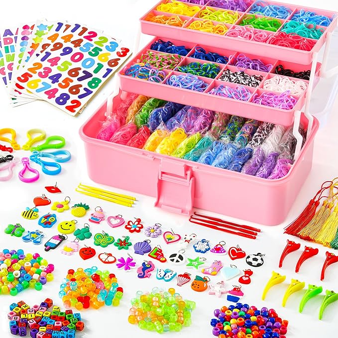 INSCRAFT 17500+ Rubber Loom Bands with 3 Layer Rose Pink Container, 28 Colors, 600 S-Clips, 352 Beads, 40 Cartoon Pendant, Bracelet Making Refill Kit for Kids